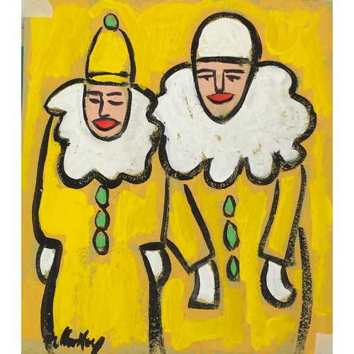 2472 - Manner of Markey Robinson - Clowns, two gouaches on paper, unframed, the largest 38cm x 32.5cm