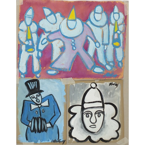 2473 - Manner of Markey Robinson - Clowns, three gouaches on paper, unframed, the largest, 41.5cm x 30.5cm