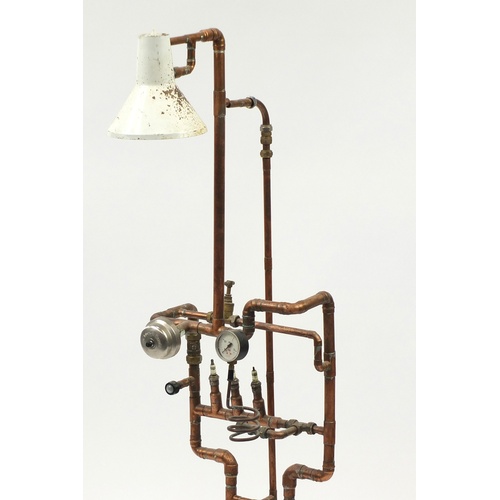 2017 - Vintage industrial style copper pipe work floor standing lamp, 142cm high