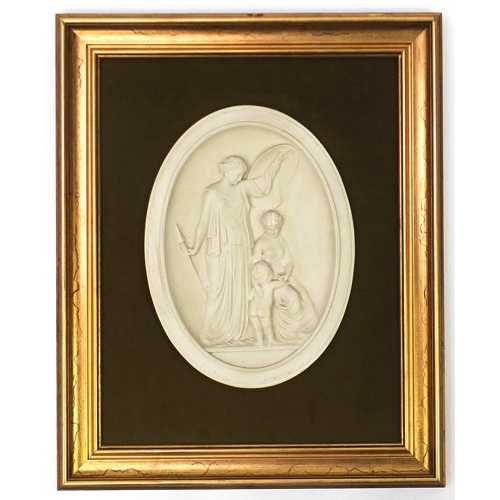 2075 - Oval Parian style classical plaque, mounted and framed, the plaque 32.5cm x 24cm