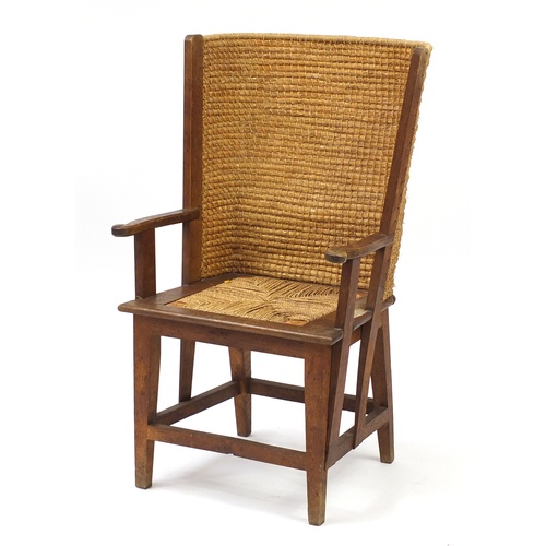 2001 - 19th Century oak Orkney child's chair with rush seat, 85cm high