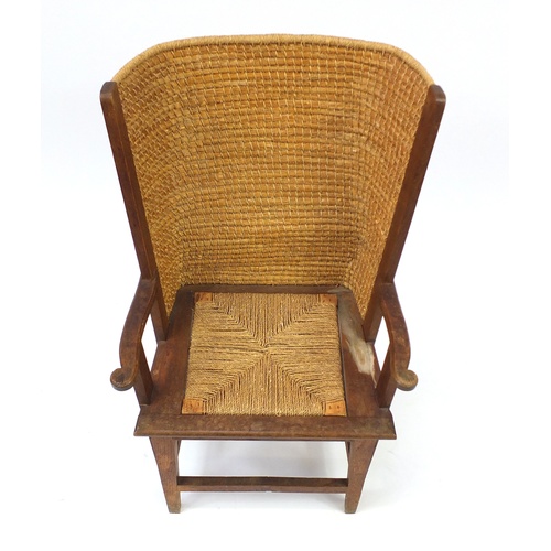 2001 - 19th Century oak Orkney child's chair with rush seat, 85cm high