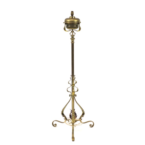 2068 - Victorian Messengers brass adjustable floor standing oil lamp, converted to electric use, 139cm high