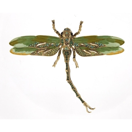 2624 - Designer gilt metal and enamel dragonfly brooch, set with green stones, 10.5cm in length