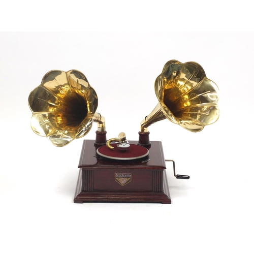 2047 - Retro Victrola style gramophone with two brass horns, 67cm high