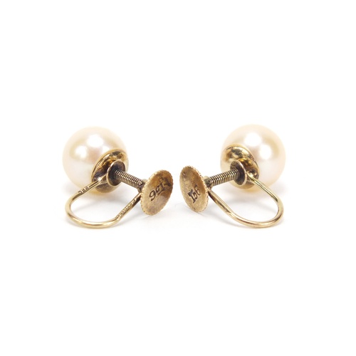 2618 - Pair of 9ct gold screw back pearl earrings, 2.2g