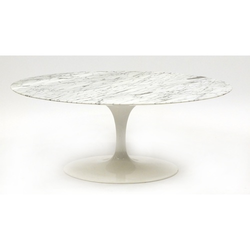 2043 - Contemporary oval tulip table with marble top, possibly Eero Saarinen for Knoll, 42cm H x 105cm W x ... 