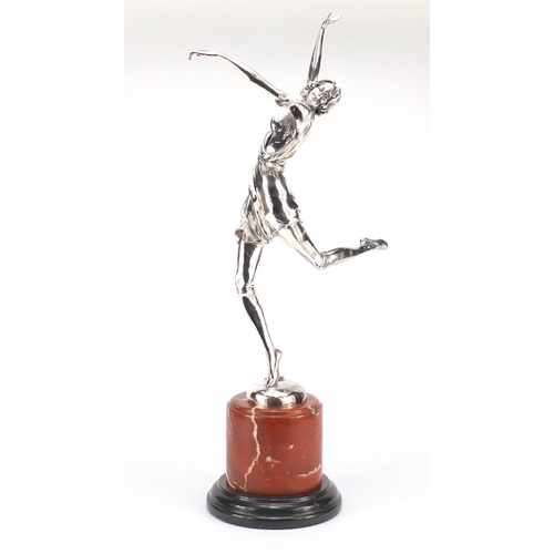 2080 - Large silver plated bronze sculpture of an Art Deco dancer, raised on a marble base, 61.5cm high