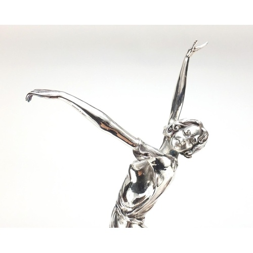 2080 - Large silver plated bronze sculpture of an Art Deco dancer, raised on a marble base, 61.5cm high