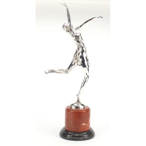 2080 - Large silver plated bronze sculpture of an Art Deco dancer, raised on a marble base, 61.5cm high