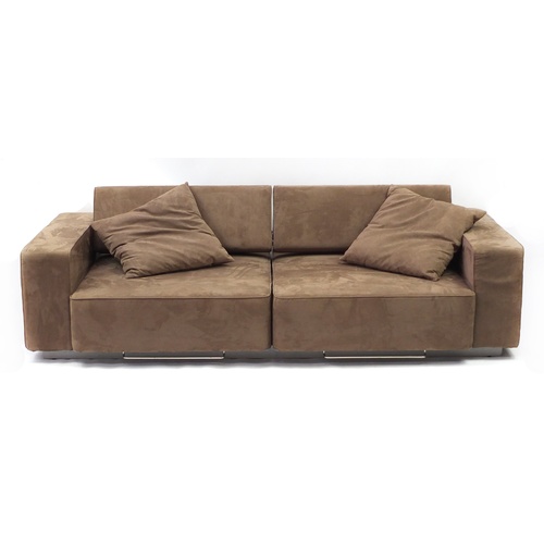 2051 - Contemporary tan suede sofa bed, 248cm wide