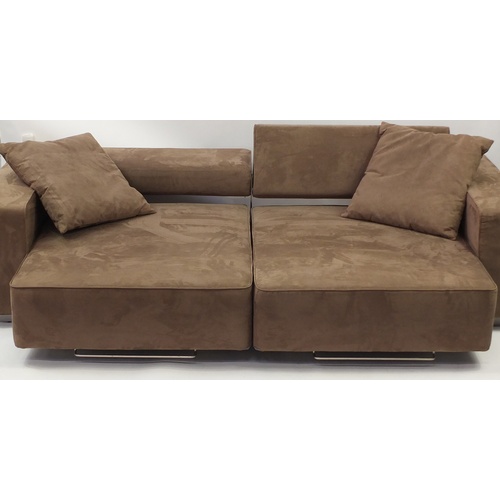 2051 - Contemporary tan suede sofa bed, 248cm wide