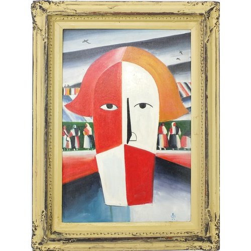 2032A - Manner of Malevich - Surreal composition, Russian school, oil on board, framed, 71cm x 45cm