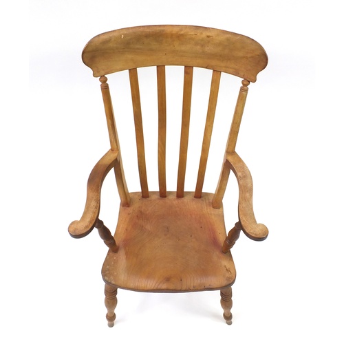 2054 - Beech and elm slat back open armchair, 110cm high