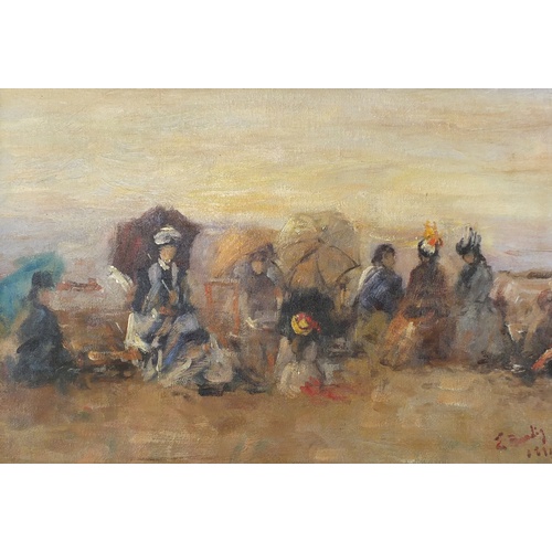 2084 - Manner of Boudin - Figures on a beach, oil on board, framed, 42cm x 29.5cm