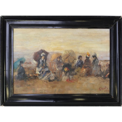 2084 - Manner of Boudin - Figures on a beach, oil on board, framed, 42cm x 29.5cm