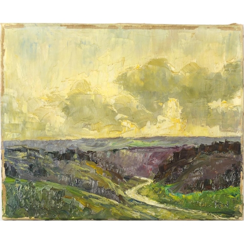 2508 - Manner of Kyffin Williams - Impressionist scene, oil on canvas, unframed, 40.5cm x 32.5cm