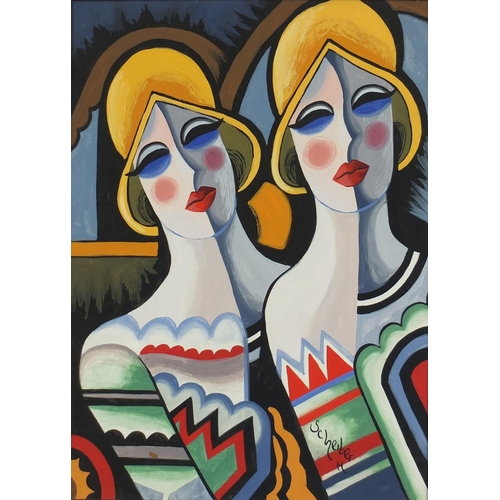 2509 - Manner of Scheiber - Portrait of two females, surreal gouache, framed, 38cm x 28cm