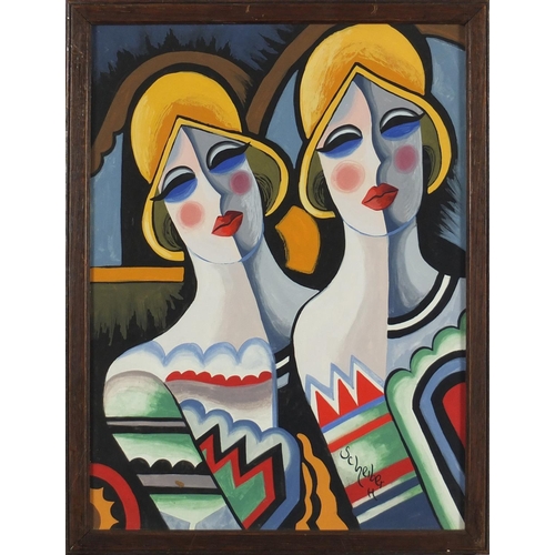 2509 - Manner of Scheiber - Portrait of two females, surreal gouache, framed, 38cm x 28cm