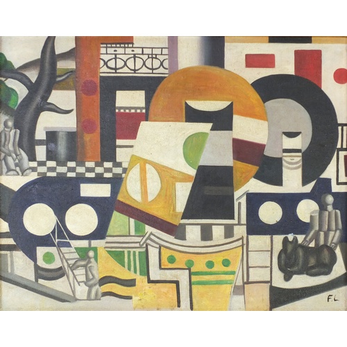 2476 - Manner of F Leger - Abstract composition, geometric shapes with figures, French Impressionist oil on... 