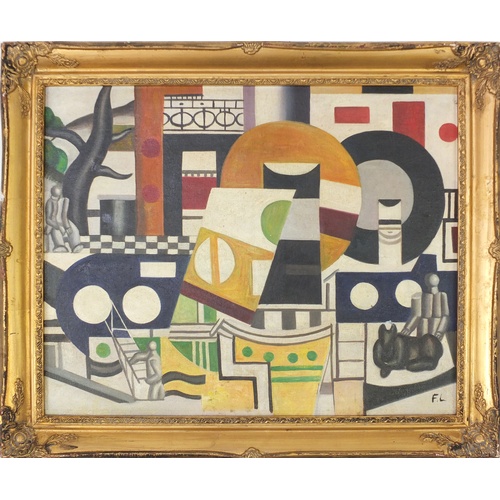 2476 - Manner of F Leger - Abstract composition, geometric shapes with figures, French Impressionist oil on... 