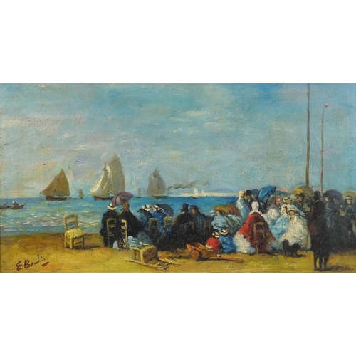 2512 - Manner of  E. Boudin - Busy beach scene, French Impressionist oil onto board, framed, 56.5cm x 30.5c... 