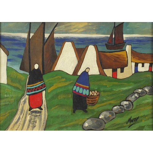 2513 - Manner of Markey Robinson - Figures by cottages before water, Irish School oil, mounted, unframed, 3... 