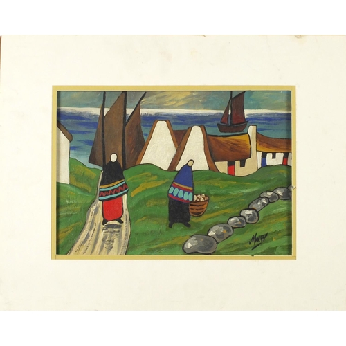 2513 - Manner of Markey Robinson - Figures by cottages before water, Irish School oil, mounted, unframed, 3... 