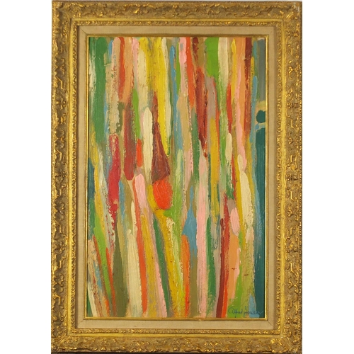 2514 - After Alfred Jensen - Abstract composition, oil on board, mounted and framed, 52.5cm x 33cm
