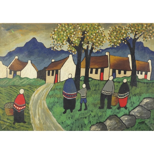 2515 - Manner of Markey Robinson - Figures before cottages and mountains, Irish School oil onto canvas, unf... 