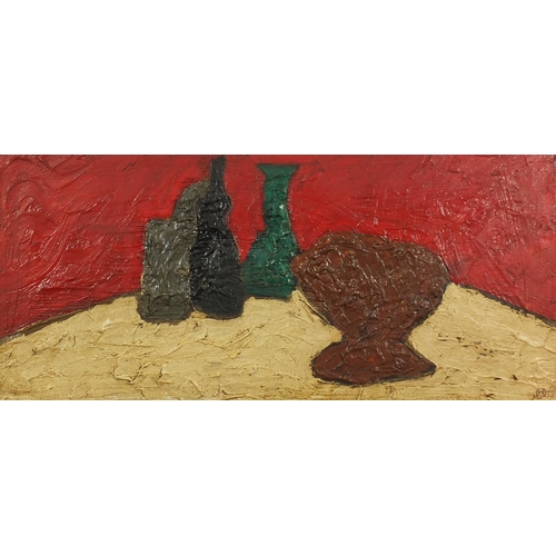 2516 - Manner of M - Still life vessels, impasto, oil onto board, mounted and framed, 73cm x 33cm