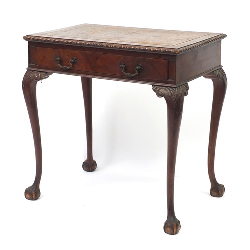 3 - Victorian mahogany and walnut writing table by Maple & Co, with tooled leather insert above a freize... 