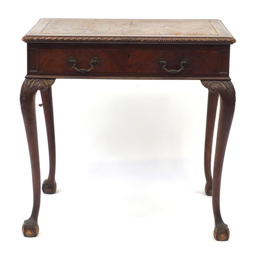 3 - Victorian mahogany and walnut writing table by Maple & Co, with tooled leather insert above a freize... 