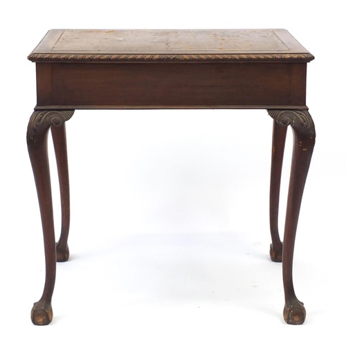 3 - Victorian mahogany and walnut writing table by Maple & Co, with tooled leather insert above a freize... 