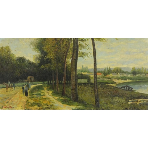 32 - Figures on a path beside water before a town, oil onto board, bearing a signature B. Priestman, fram... 