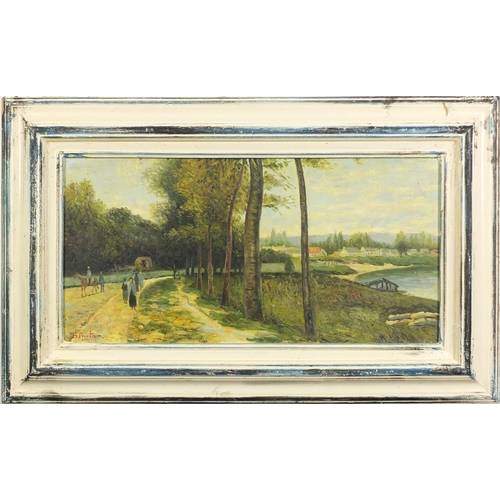 32 - Figures on a path beside water before a town, oil onto board, bearing a signature B. Priestman, fram... 