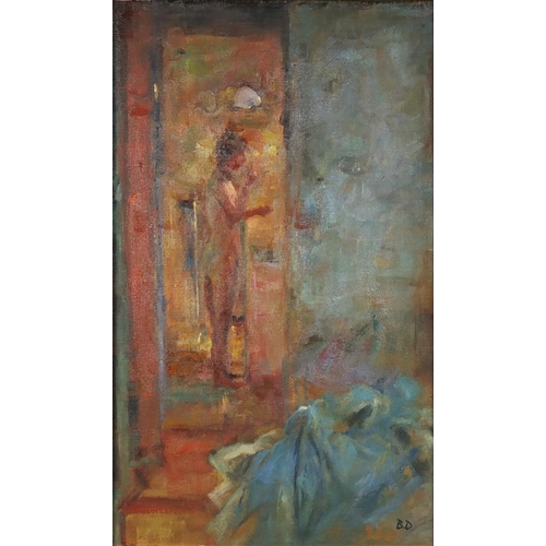 66 - Nude female in an interior, Modern British school oil on board, bearing a monogram BD, framed, 76cm ... 