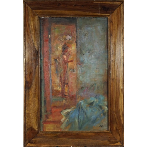 66 - Nude female in an interior, Modern British school oil on board, bearing a monogram BD, framed, 76cm ... 