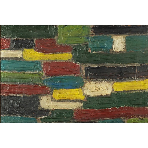 37 - Abstract composition, geometric shapes, oil impasto on board, bearing an indistinct signature, frame... 