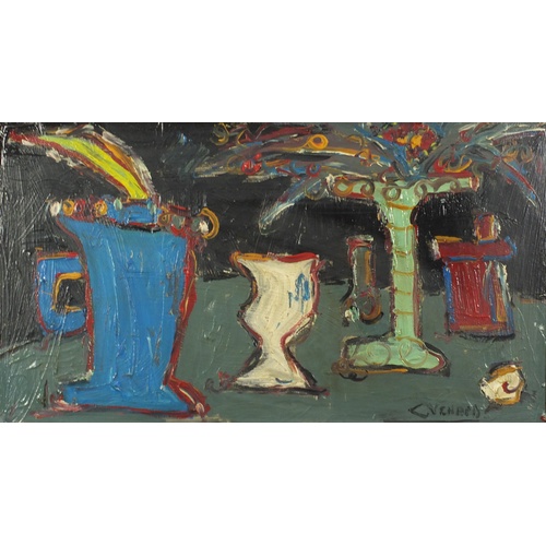 69 - After Claude Venard - Abstract composition, still life objects, oil impasto, framed, 80cm x 44cm