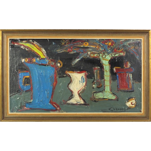 69 - After Claude Venard - Abstract composition, still life objects, oil impasto, framed, 80cm x 44cm