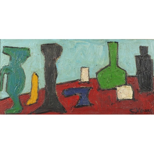 73 - After Claude Venard  - Abstract composition, still life objects, oil impasto, framed, 80cm x 39cm