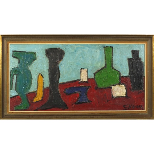 73 - After Claude Venard  - Abstract composition, still life objects, oil impasto, framed, 80cm x 39cm