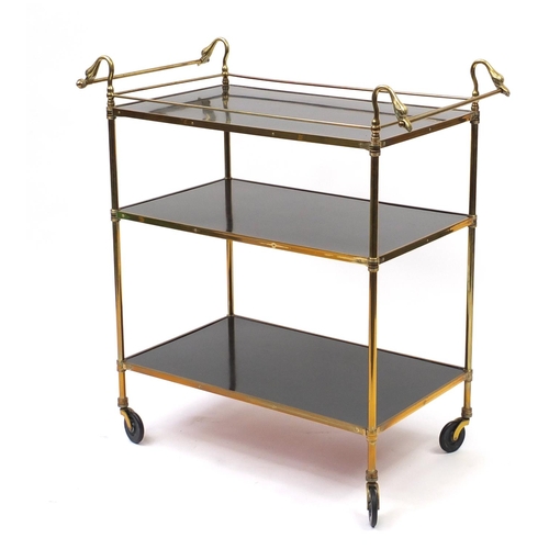 2119 - Brass three tier tea trolley with swan neck handles, 88cm H x 82cm W x 41cm D