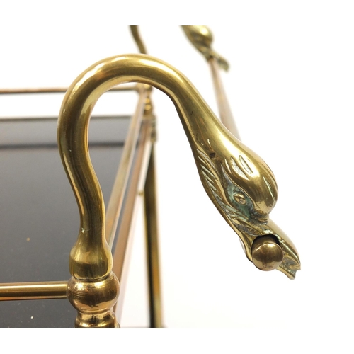 2119 - Brass three tier tea trolley with swan neck handles, 88cm H x 82cm W x 41cm D