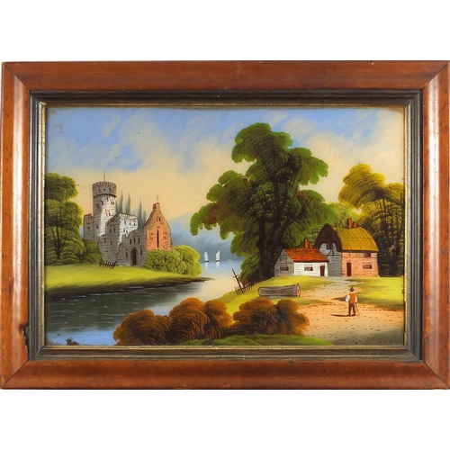 2293 - Church beside a lake, reverse glass painting, framed, 60cm x 40cm