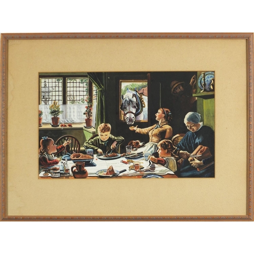 2303 - Family meal, mixed media, bearing an indistinct signature, mounted and framed, 38cm x 23xm