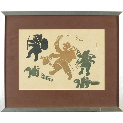 2227 - Inuit picture of Eskimos, mounted and framed, 29cm x 20cm