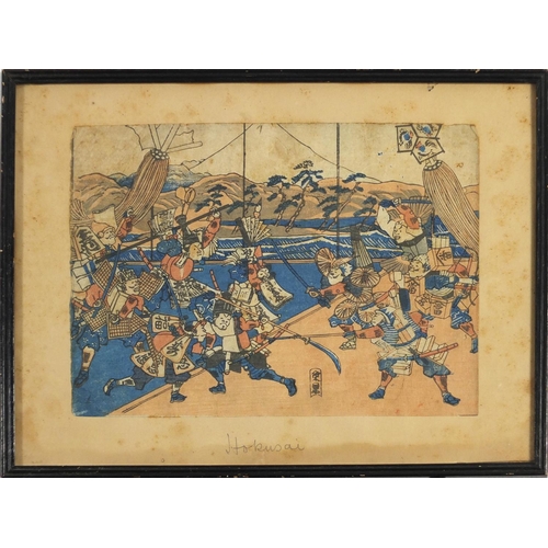 2231 - After Hokusai - Samurai warriors, 19th century woodblock print, framed, 24.5cm x 18cm