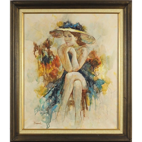 2306 - Seated nude female, oil on canvas bearing a signature Bernard, mounted and framed, 59.5cm x 49.5cm